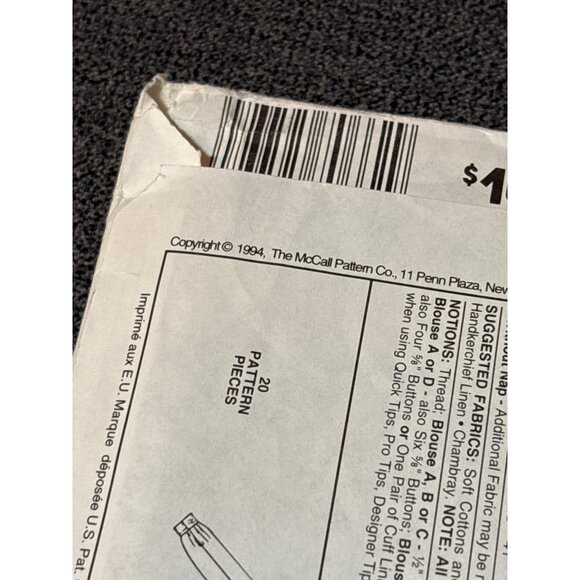 McCalls 7066 3-Hour Blouse Sewing Pattern Size 10 1994 Design Uncut Palmer/Plets - Picture 4 of 5